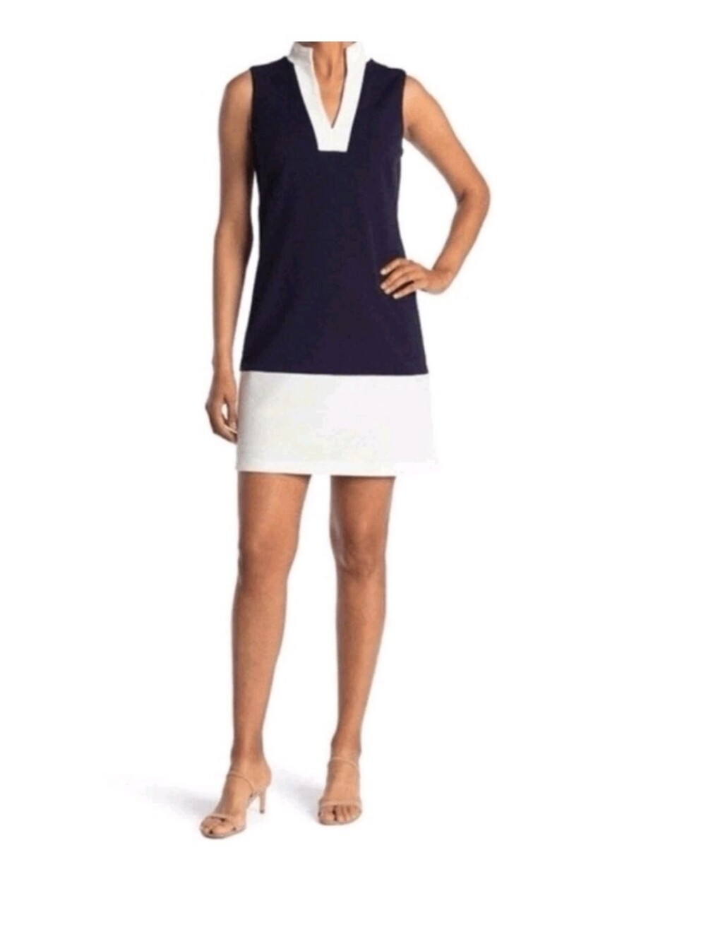 Sleeveless Navy and White V-Neck Shift Dress